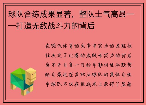 球队合练成果显著，整队士气高昂——打造无敌战斗力的背后