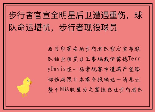 步行者官宣全明星后卫遭遇重伤，球队命运堪忧，步行者现役球员