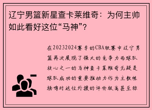 辽宁男篮新星查卡莱维奇：为何主帅如此看好这位“马神”？