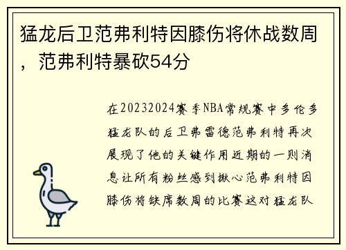 猛龙后卫范弗利特因膝伤将休战数周，范弗利特暴砍54分