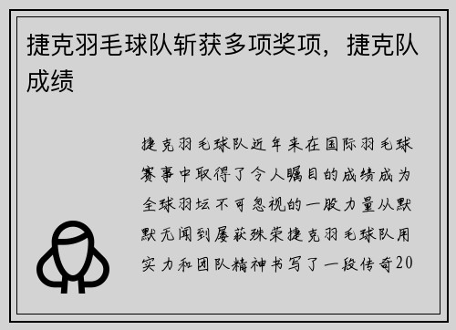 捷克羽毛球队斩获多项奖项，捷克队成绩