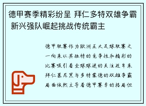 德甲赛季精彩纷呈 拜仁多特双雄争霸 新兴强队崛起挑战传统霸主