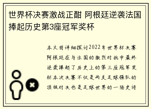 世界杯决赛激战正酣 阿根廷逆袭法国捧起历史第3座冠军奖杯