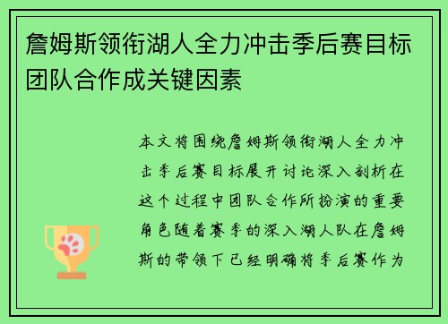 詹姆斯领衔湖人全力冲击季后赛目标团队合作成关键因素