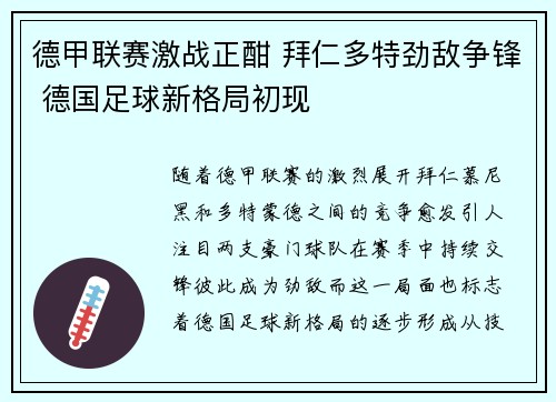 德甲联赛激战正酣 拜仁多特劲敌争锋 德国足球新格局初现