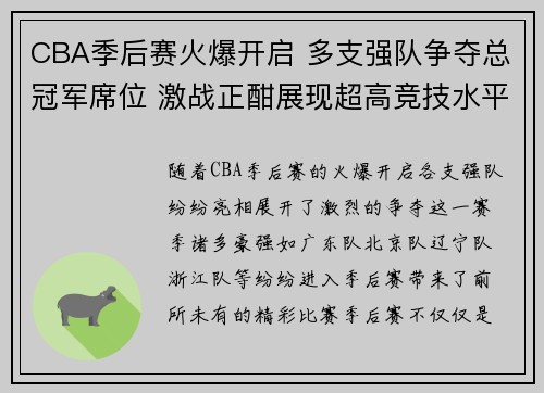 CBA季后赛火爆开启 多支强队争夺总冠军席位 激战正酣展现超高竞技水平