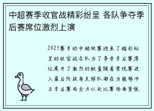 中超赛季收官战精彩纷呈 各队争夺季后赛席位激烈上演