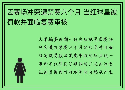 因赛场冲突遭禁赛六个月 当红球星被罚款并面临复赛审核